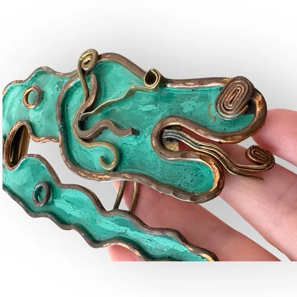 Vintage MCM Hubert Harmon Mayo Mexico Enamel Brass Brutalist Belt Buckle - Picture 9 of 11